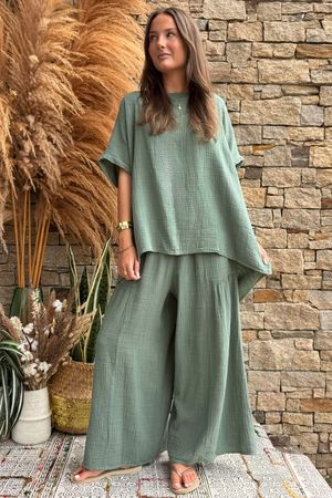 Pure Cotton Santos Keyhole Drape Back Top Khaki